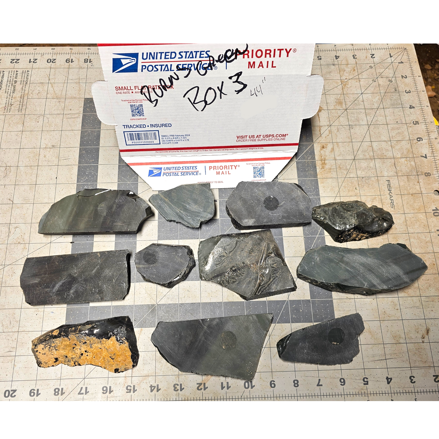 Box 3 Burns Green Obsidian & Obsidian Percussion Slabs & End Cuts