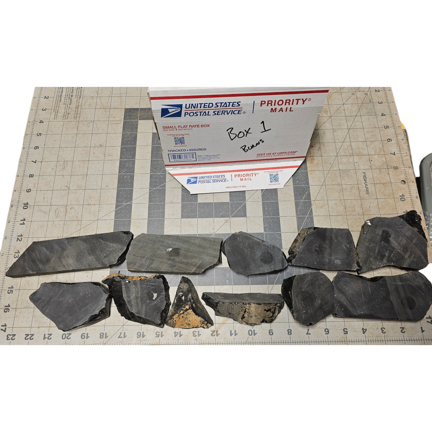 Box 1 Burns Green Obsidian & Obsidian Percussion Slabs & End Cuts