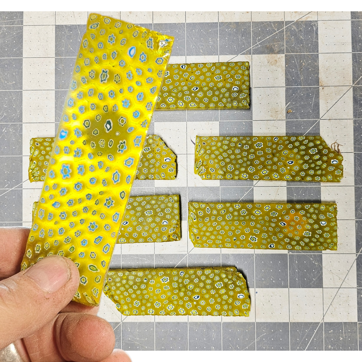Millefiori Glass Slabs Flintknapping Slabs. Lapidary Millefiori slabs, Yellow Millefiori Glass