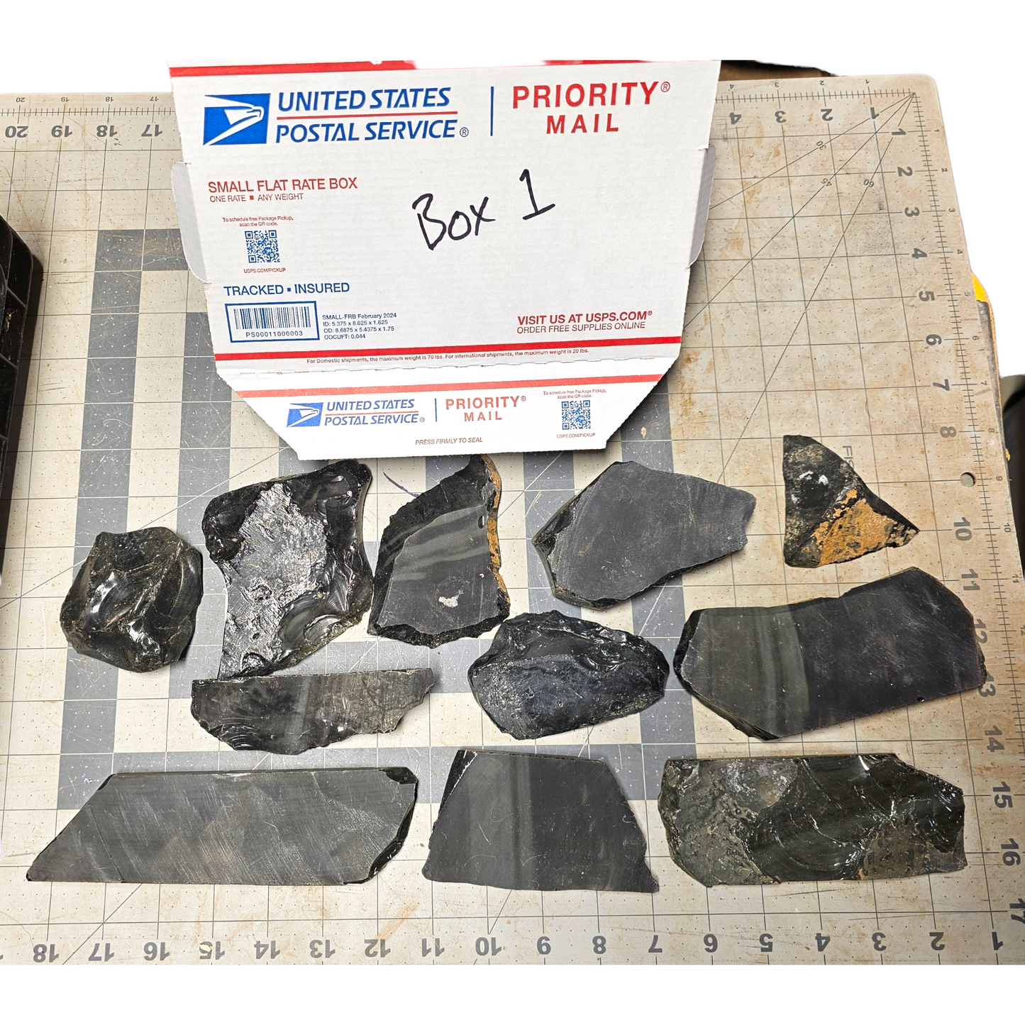 Box 1 Burns Green Obsidian & Obsidian Percussion Slabs & End Cuts