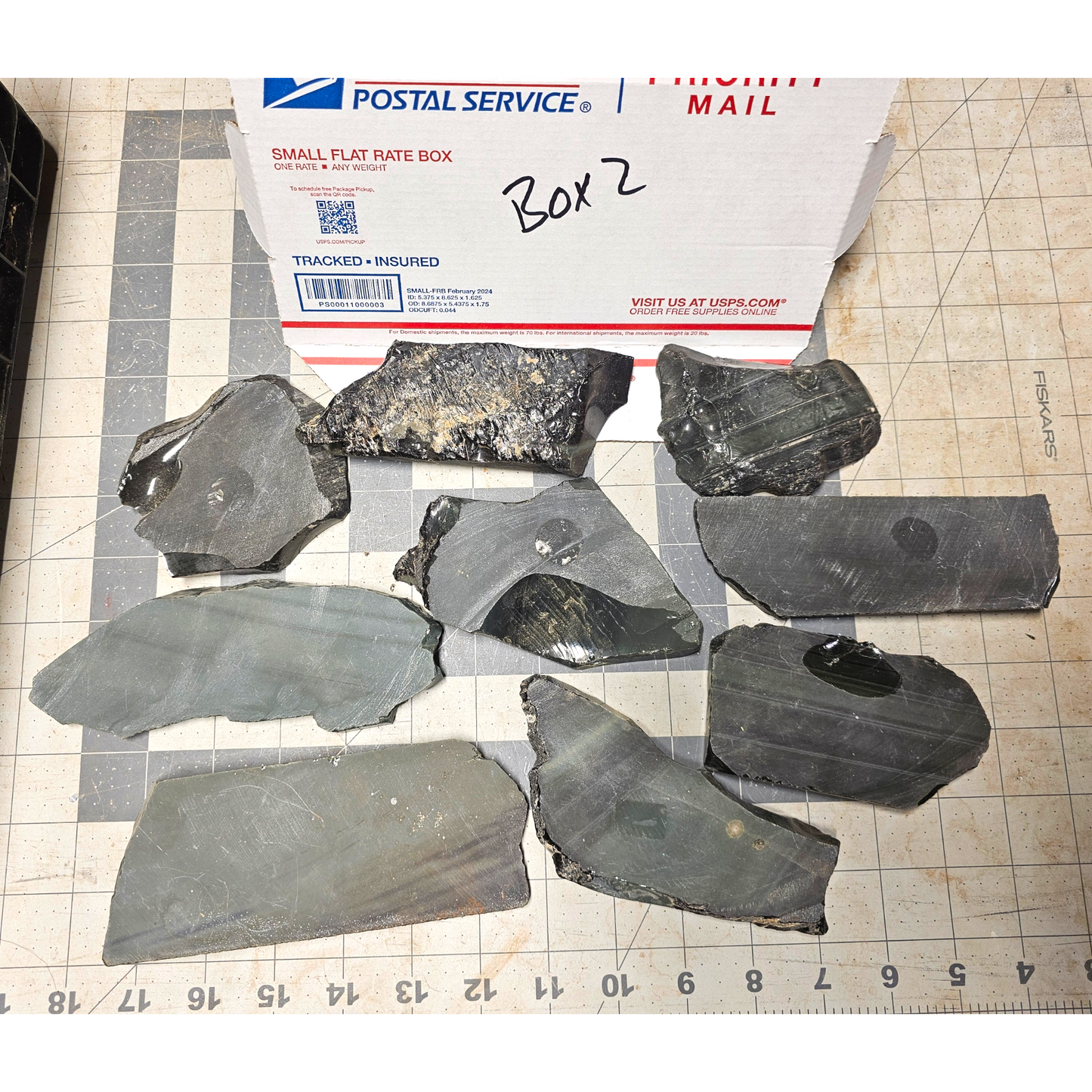 Box 2 Burns Green Obsidian & Obsidian Percussion Slabs & End Cuts