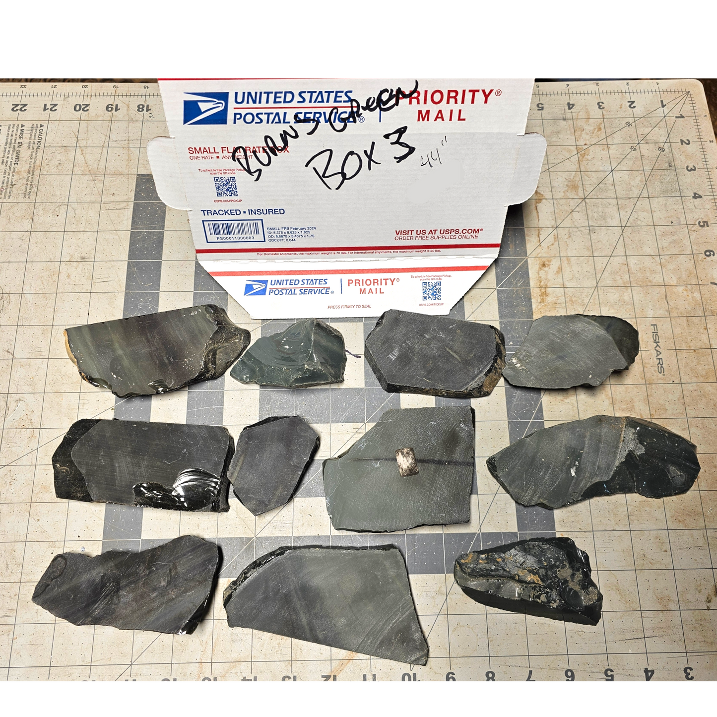 Box 3 Burns Green Obsidian & Obsidian Percussion Slabs & End Cuts